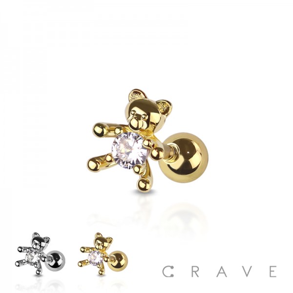 TEDDY BEAR CZ PRONG BRASS CHARM 316L SURGICAL STAINLESS STEEL CARTILAGE BARBELL